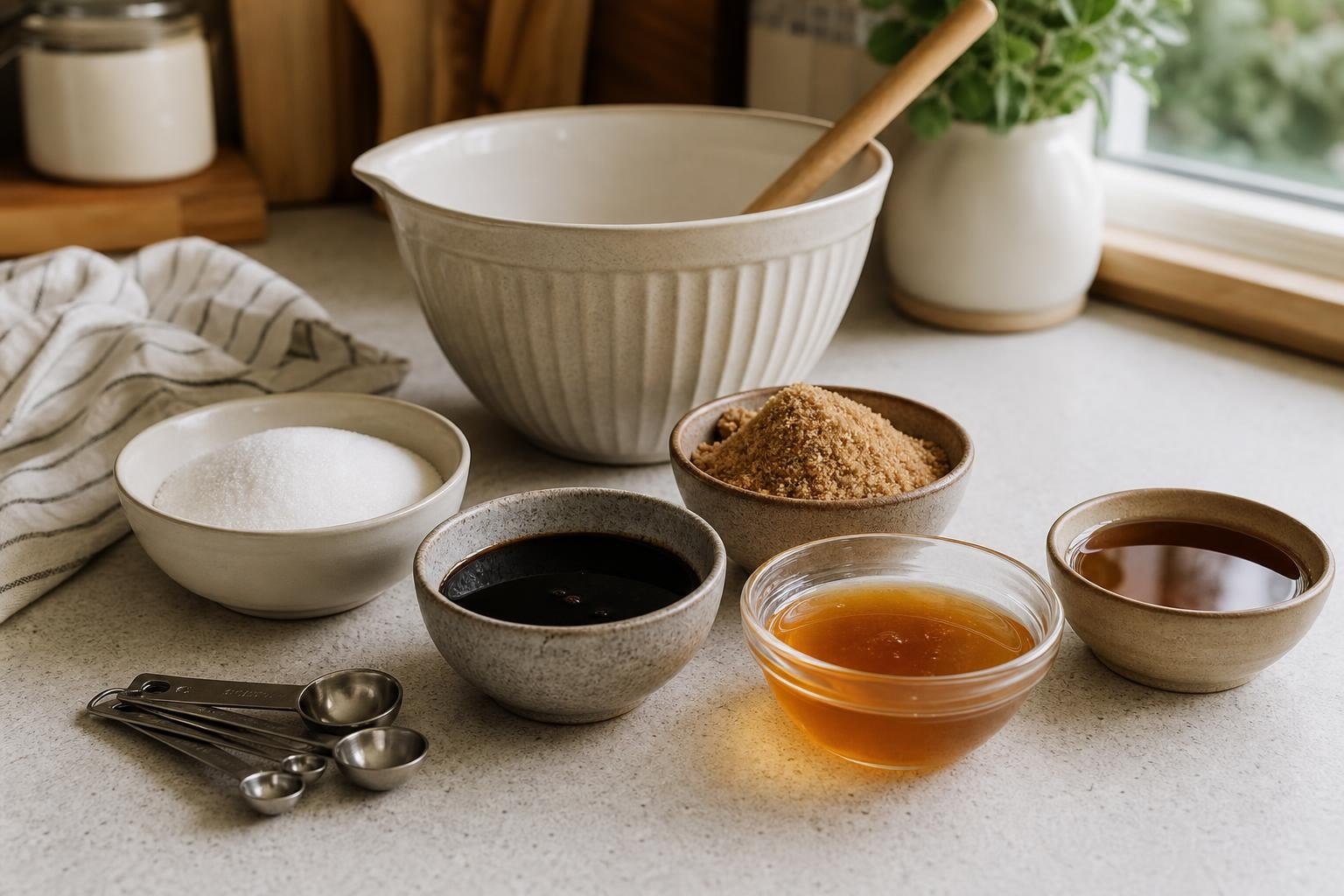 Bowls of sugar, molasses, honey, maple syrup, and coconut sugar on a kitchen counter for brown sugar substitutes. Bowls of sugar, molasses, honey, maple syrup, and coconut sugar on a kitchen counter for brown sugar substitutes.