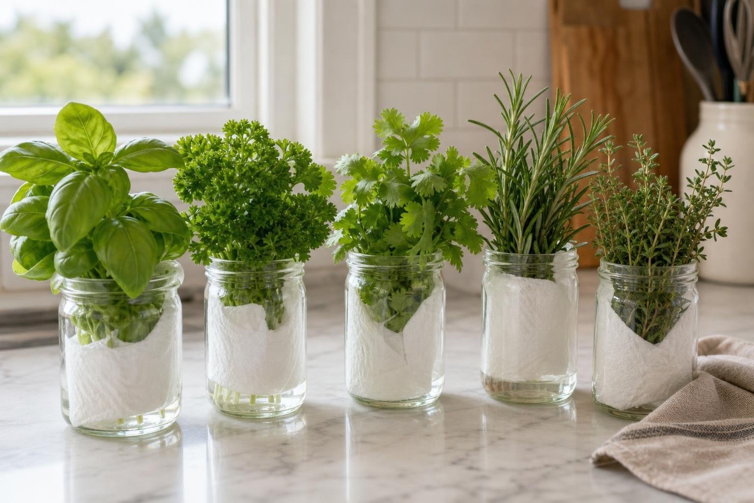 Fresh herbs stored in glass jars and paper towels on a kitchen counter Fresh herbs stored in glass jars and paper towels on a kitchen counter