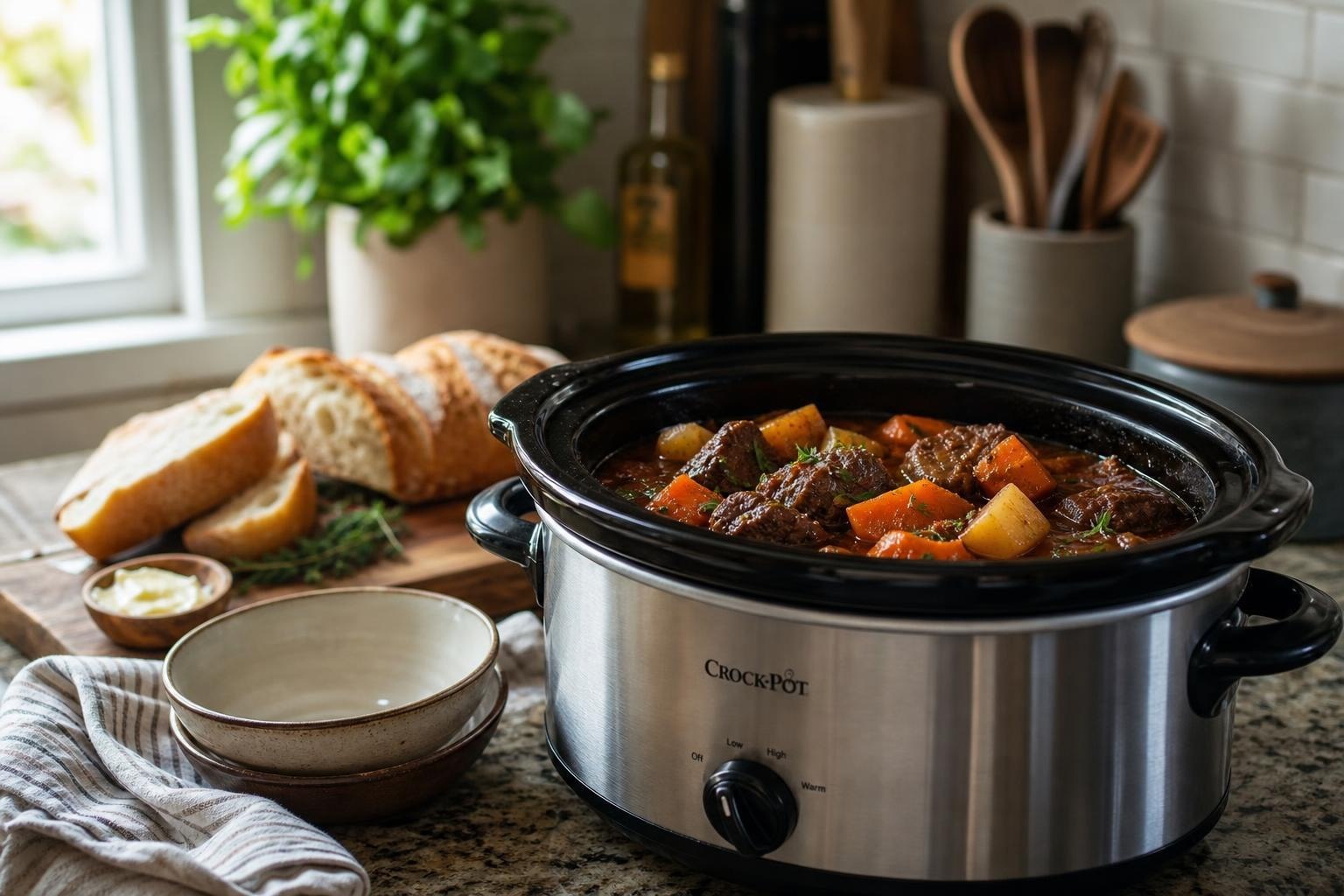 A slow cooker filled with hearty family dinner stew on a kitchen counter with bowls and bread nearby. A slow cooker filled with hearty family dinner stew on a kitchen counter with bowls and bread nearby.