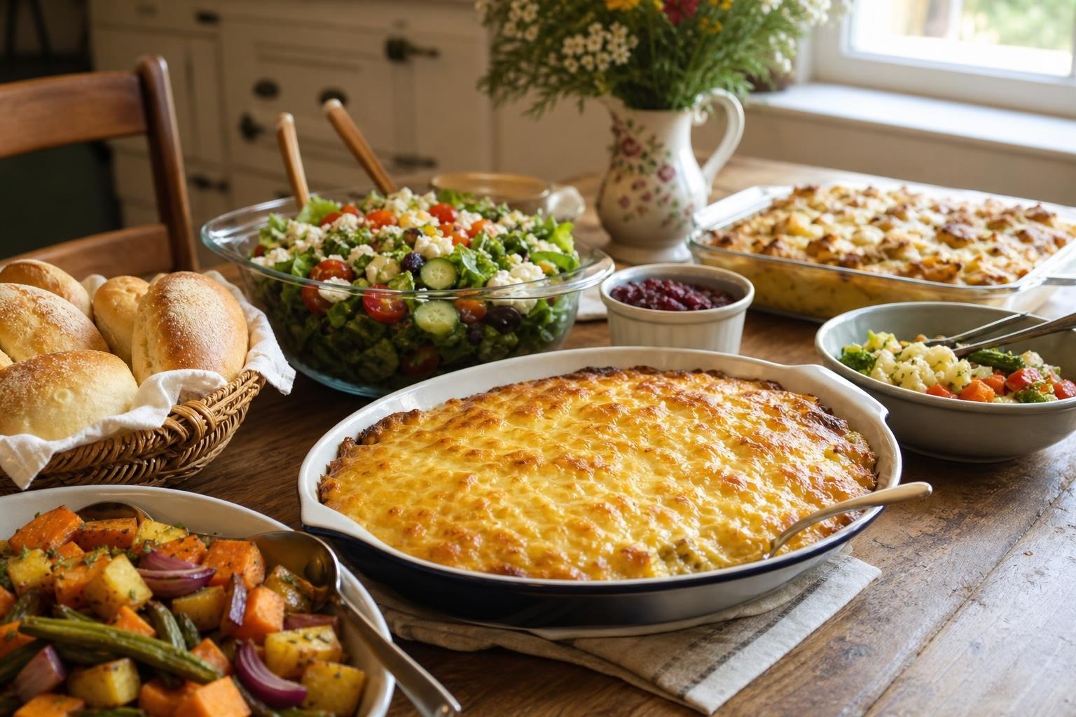 A family-style table with make-ahead casserole, salad, roasted vegetables, and rolls ready to serve. A family-style table with make-ahead casserole, salad, roasted vegetables, and rolls ready to serve.