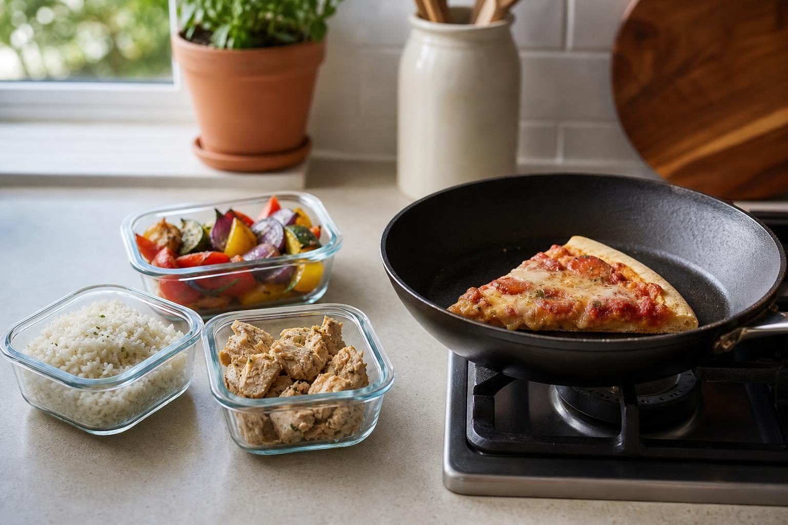 A home kitchen counter with leftovers being reheated in a skillet alongside containers of rice, vegetables, and chicken. A home kitchen counter with leftovers being reheated in a skillet alongside containers of rice, vegetables, and chicken.